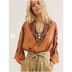 Free People Cross Country Sienna Bell Sleeve Top S Embroidered Boho Festival 70s